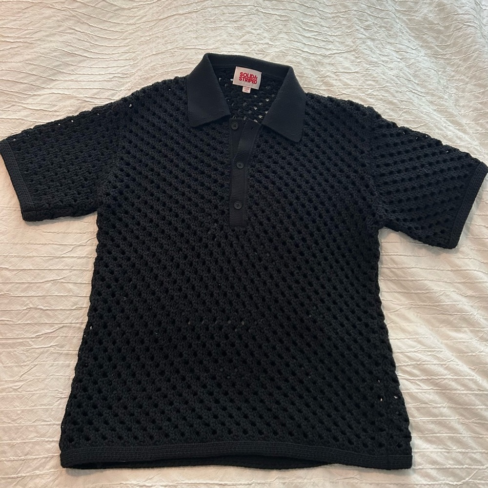 Mens Black Crochet Polo Shirt